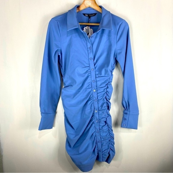 Zara Ruched Draped Fitted Full Button Up Down Blue Mini Shirt Dress Medium (NWT) - Picture 1 of 5